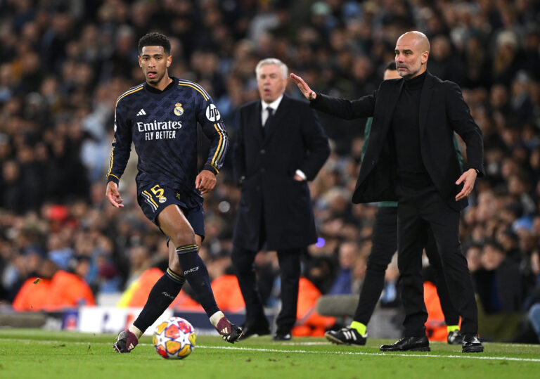 Guardiola, Ancelotti y Bellingham en un partido de Champions League